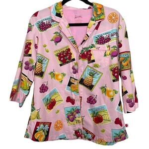 Nick & Nora Fruit Basket Pink Pajama Top Button Up Size Medium 100% Cotton